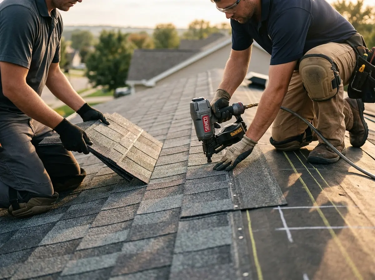 Professional roofer working on a residential roof in Otis Orchards-East Farms